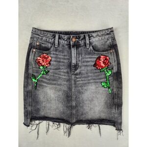 Buffalo Womens Black Denim Skirt Ivy W28" High Rise DIY Skirt Roses Sequin
